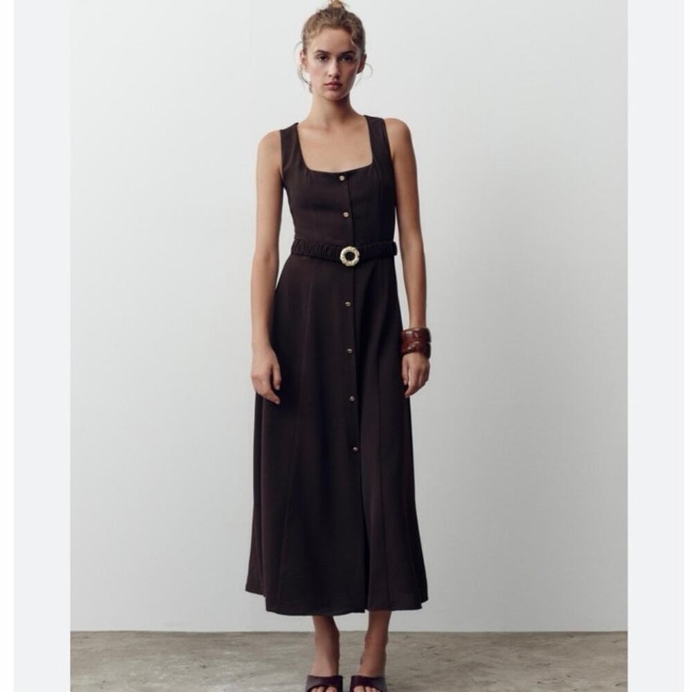 NWOT Zara Brown Belted Midi Dress Sleeveless Button Front A-Line Size Small